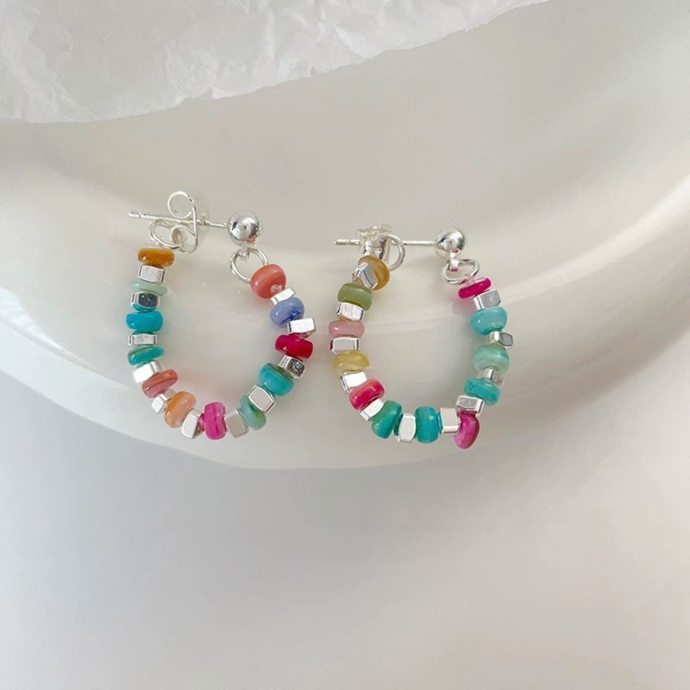 4/$15 Colorful Stones Silver Beaded Hoop Earrings